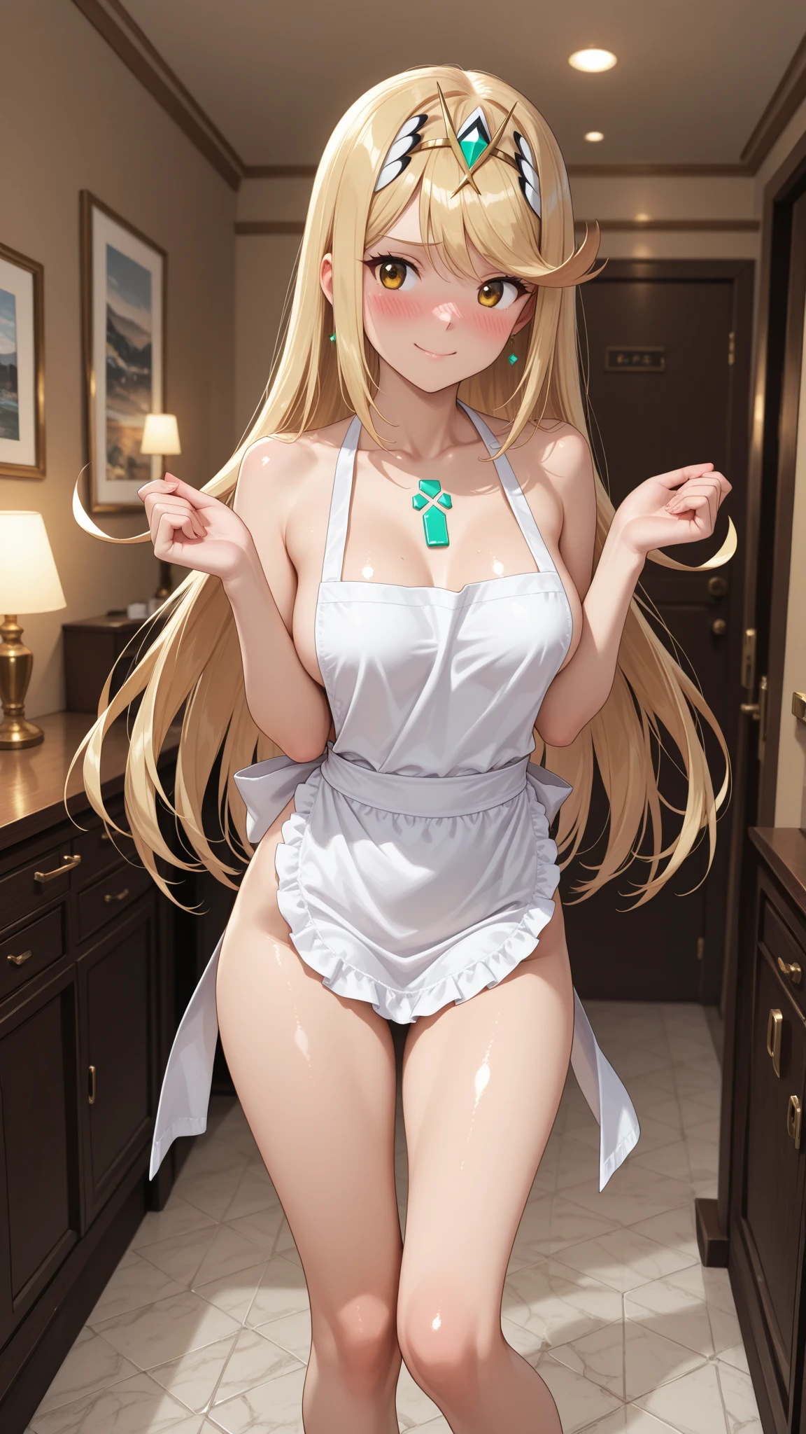 1girl, solo, lusamine, blonde hair, long hair, (naked:1.3), (white apron), large breasts, cleavage, thighs, cafe background, (blushing:1.3)