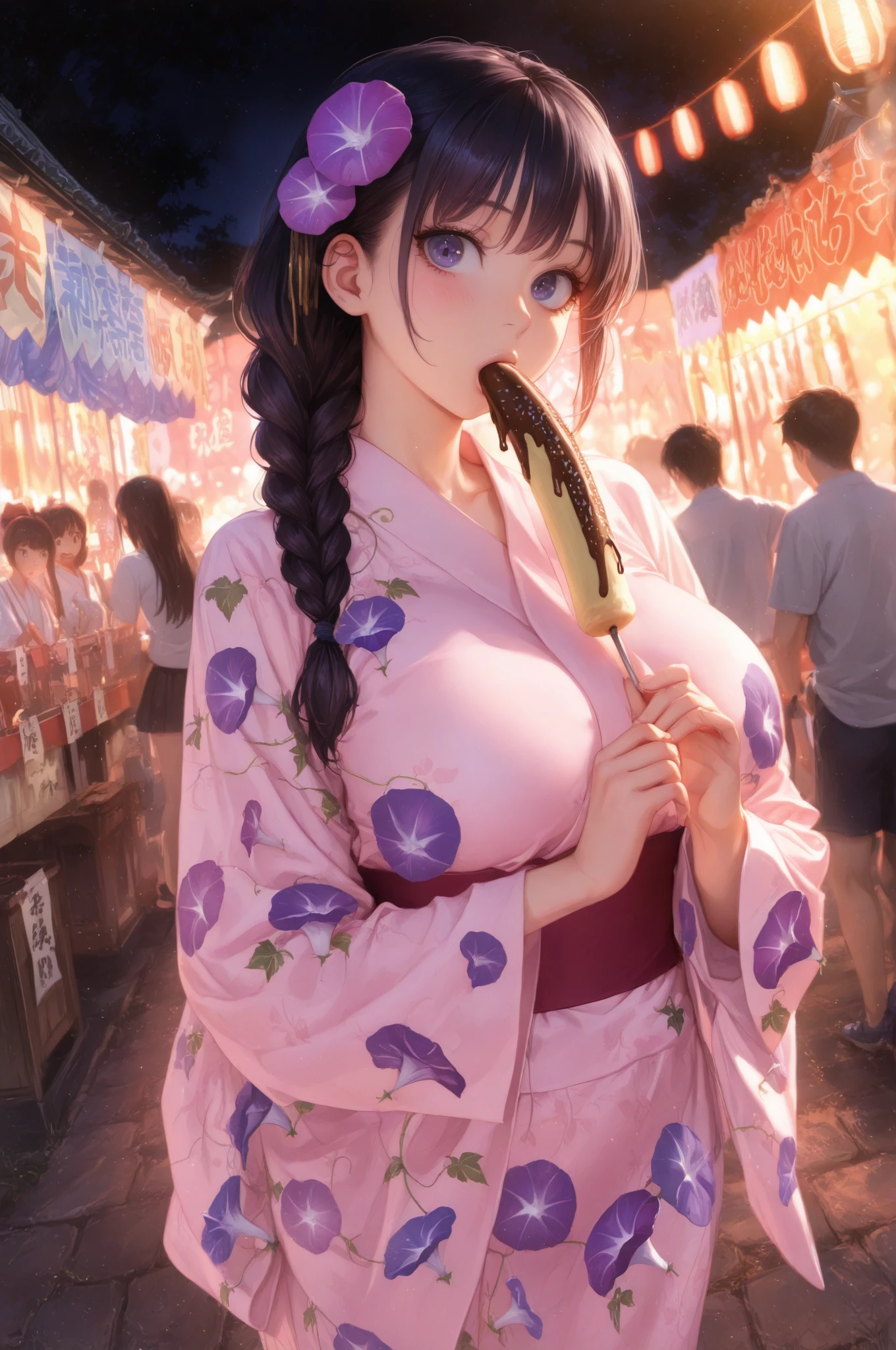(Best Quality,High resolution,8K,finelity detailed background,Masterpiece:1.2),beautiful girl,Shiny purple hair,pony tail,Beautiful purple eyes,Gentle look,A refreshing look,Best quality,Best Quality,Aesthetic and aesthetic:1.2,Best details((Super detailed))(High-definition CG illustrations),cute浴衣,Slender body,sunset,Japanese Festivals,fan,street vendors,smile,blush,cute,Scrounge,Looking up,Being spoiled,super model