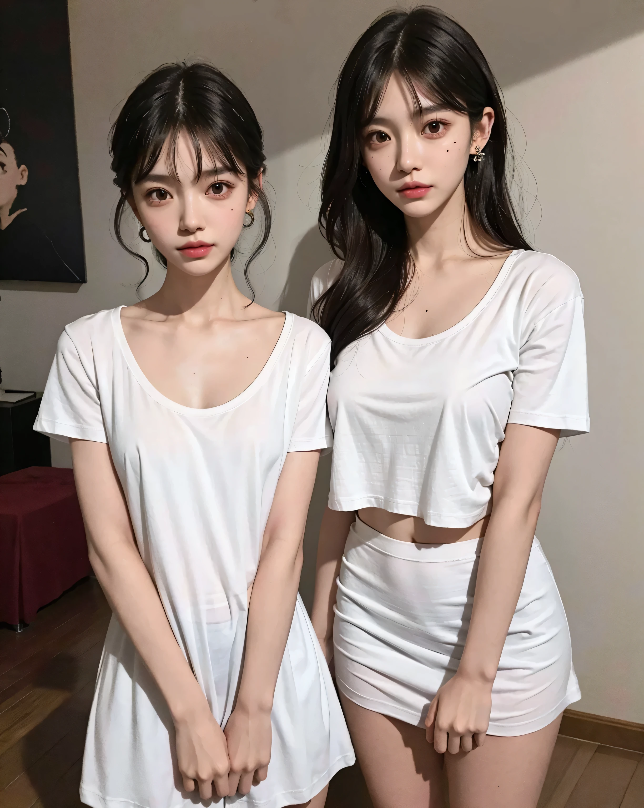 absurdres, RAW photo, extremely delicate and beautiful, masterpiece, Best Quality, ultra high resolution, 32k, hyperrealistic, ultra-detailed, delicate facial features, beautiful detailed woman, tearful mole, earring, medium breasts, full body shot, medium hair, black hair, cap, T-shirt, baggy shorts, 2 girls,