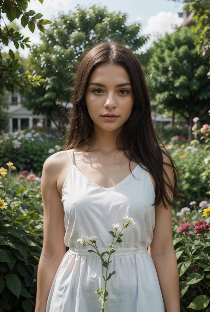 1girl, solo, long hair, looking at viewer, smile, black hair, hair ornament, dress, flower, outdoors, sleeveless, day, hair flower, dark skin, white dress, blurry, lips, sleeveless dress, blurry background, realistic, purple flower, photo background <lora:saigetoohey_sd15:1>