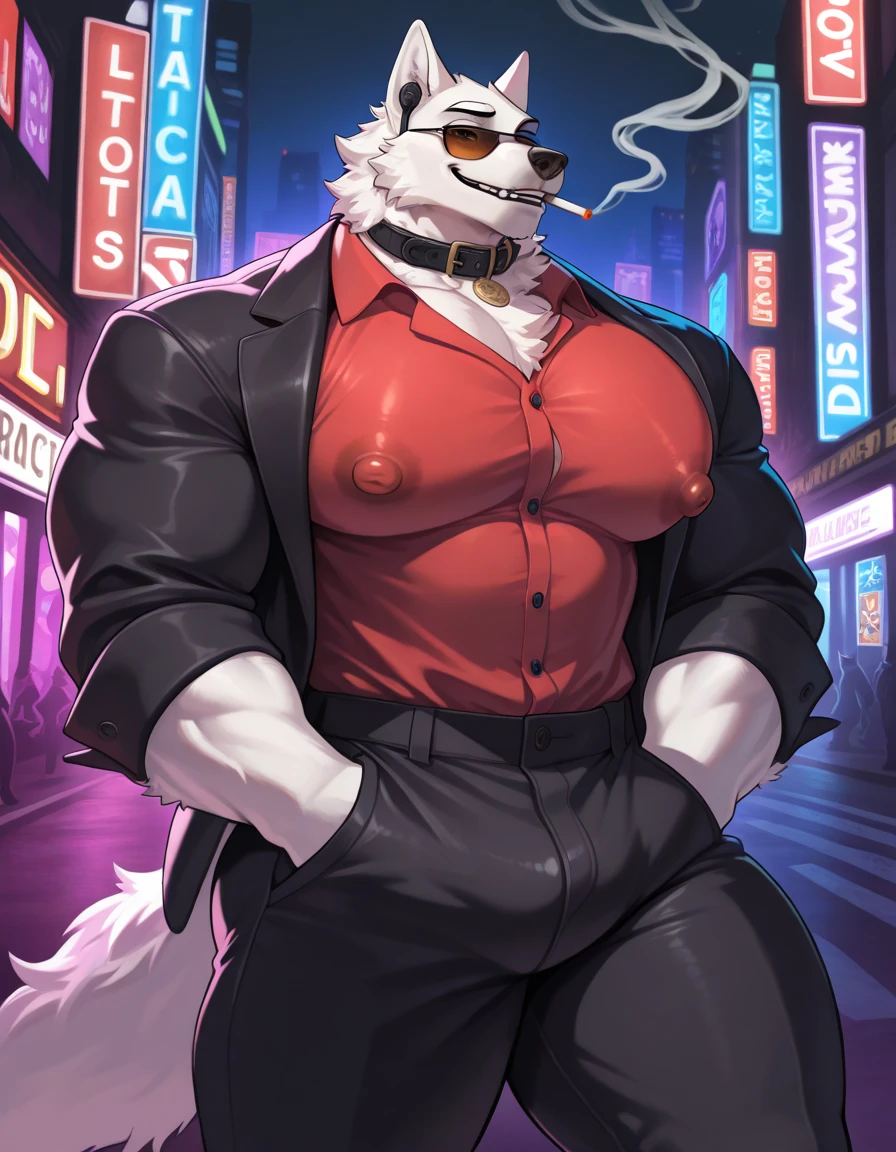 ((Best quality, masterpiece, detailed anatomy, detailed eyes, detailed hands, perfect lighting, perfect shading.)), by Bebebebebe, by K0bit0wani, by Zackary911, 1Male, solo, low-angle view, looking at viewer, smirking, Pitbull, white furs, dark blue eyes, big muscular body, adult body, unbuttoned shirt, unzipped pants, presenting penis, canine penis, knot, sunglass, In front of the night club entrance