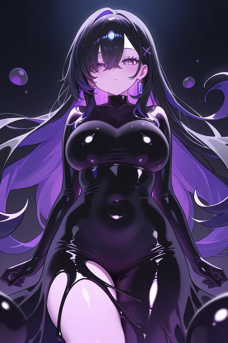 High resolution, masterpiece, Highest quality, Textured skin, Plump Skin、Glowing Skin、Textured skin, Sleep on your back、one person、Only one person、Small breasts、Rubber Suit、Whole body tights、Heterochromia of the iris、Odd Eye、Both arms restrained、Hands tied behind back、handcuffs、Restraining both legs、Restraint device、torture、Pale face、Painful expression、Drooling、tears、Sweat、tights、Tight fitting clothes、Purple Hair、Inner colorLight blue、Gradient Hair Color、