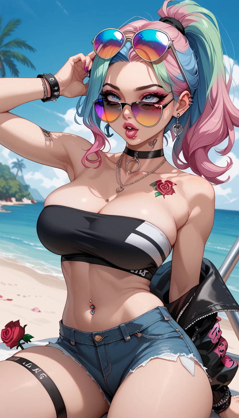 (((of the highest quality: 1.4))),(incomparable masterpiece ever), (ultra high definition),(Ultra-realistic 8k CG), Official Art、
 (((adult body))), (((1 girl in))), ((( short hair bob ))), Punk girl with a perfect body, Jacket with metal spikes.,Beautiful and well-groomed face.,,
bikini, (Image from head to thigh.),((Pink short hair bob )), Small leather panties, 
beach scene, surfboard beside her.
dark pink with white stars and gray and white stripes,,,, (( Many poisonous tattoos )), piercings, sunglasses, curvy, busty, sexy, underboob, thigh high stripey socks