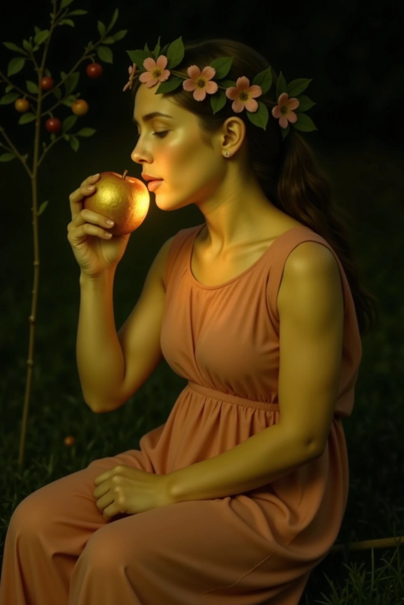 A graceful Greek nymph in a mythological garden setting. She wears a flowing pink tunic that resembles classical Greek attire, softly illuminated by the golden glow of a magical apple she holds. The apple looks like it's made of pure gold and emits a radiant light that gently brightens her serene face, revealing delicate and timeless features. Upon her head rests a natural crown woven from blooming apple blossoms and leafy branches from the same tree, adding organic elegance. The surrounding garden is lush and dreamy — filled