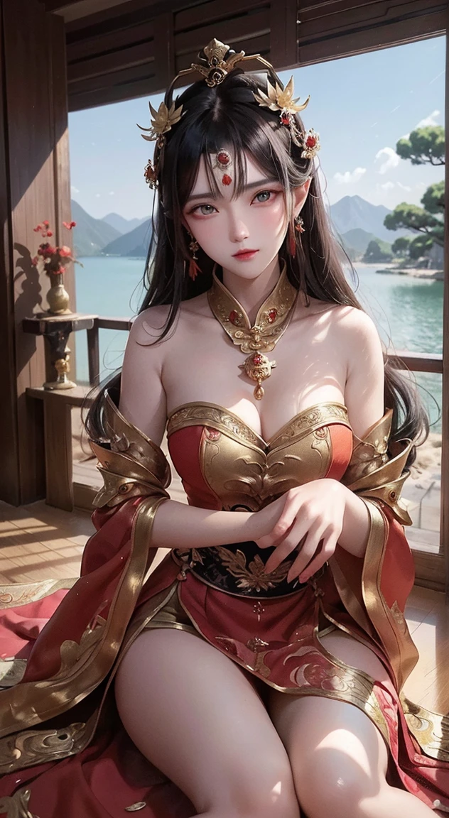 Create an image of Yang Guifei, the famous Chinese imperial consort. She should be depicted with her renowned beauty and grace. Yang Guifei is dressed in a luxurious and elegant traditional Chinese robe with intricate patterns, flowing sleeves, and rich colors such as red, gold, and jade green. She wears elaborate hair ornaments and accessories, including delicate hairpins and flowers. Her makeup should be refined, with a focus on her soft, porcelain-like complexion and subtle yet captivating eyes. The background should feature elements of Tang Dynasty China, such as a beautifully landscaped garden with blossoming cherry blossoms, a traditional palace, or the iconic Hot Springs at Huaqing Palace, to provide historical and cultural context.(((Red hair)))
