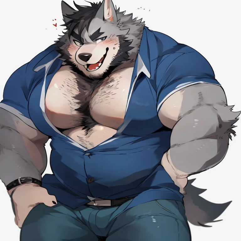 sketch of anthro overweight wolf with big round belly stands in an urban alleyway. serious expression is marked by a small scar on his cheek. He sports a black tank top, blue jeans, and a dog tag necklace, digital art, anime stylish style, kemono art, e621, pixiv, cartoonish