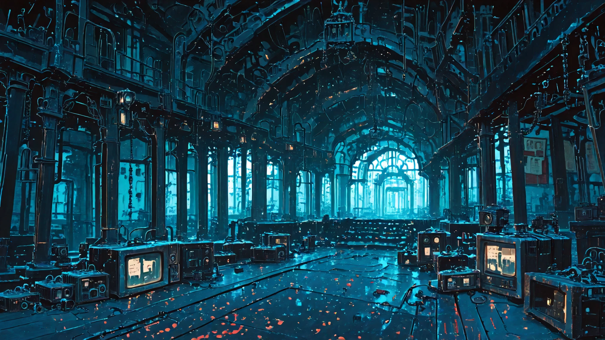 ((scenery,)) panorama, fixed perspective, no humans, masterpiece, best quality, cinematic lighting, highly detailed, details, ultra quality, HDR, 8k, ((amazing composition,)) (((score 10,))) (((loaded interior,))) spacious creepy comfy warehouse, back wall, room, metal staircase, video camera, tvs, laptops, crates, chains on ground, gothic blue black interior