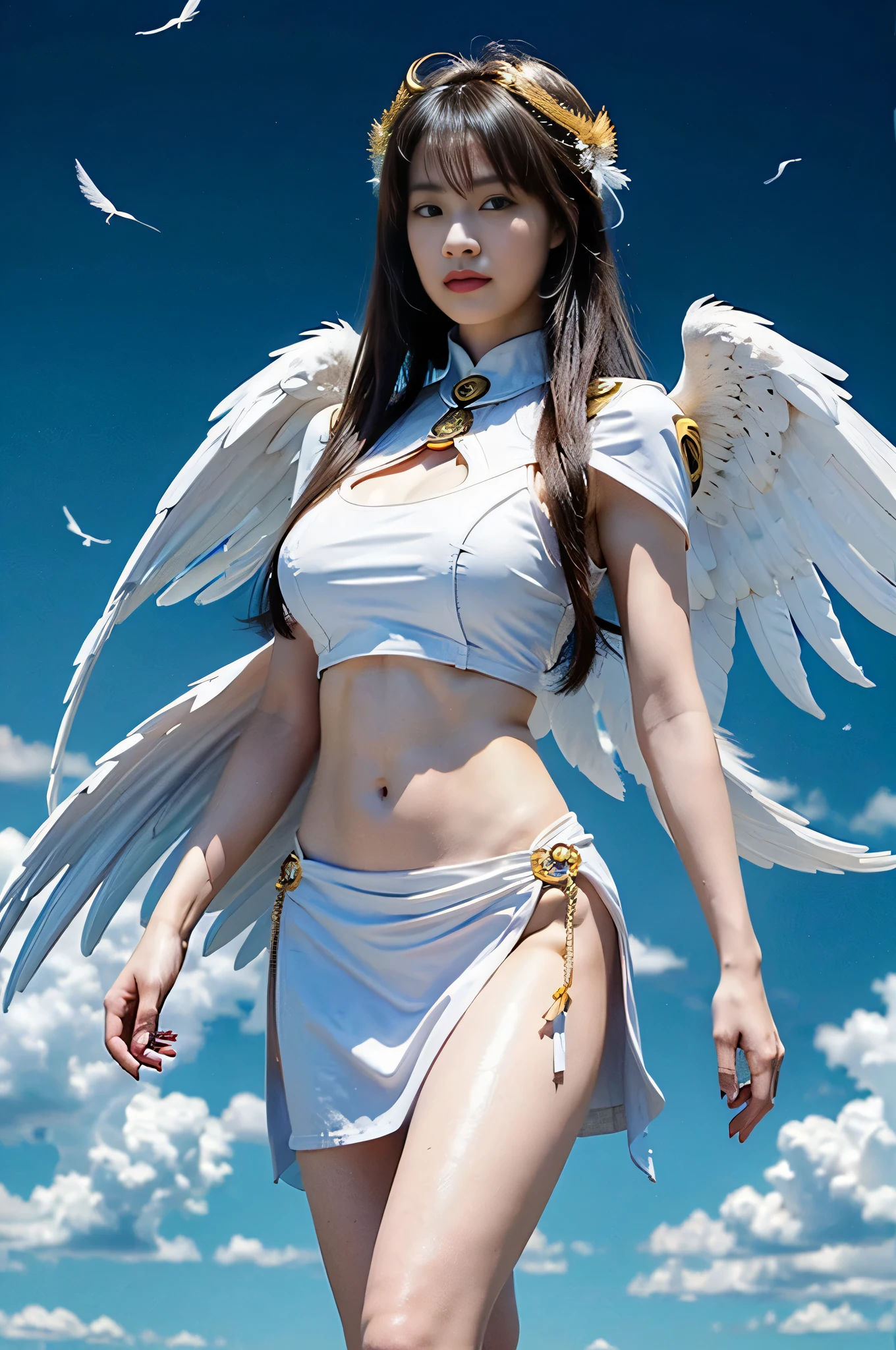Hot Korean woman wearing a hijab and tight dress showing cleavage and Belly button wearing a crown with angelic wings, high heels, with sky background 