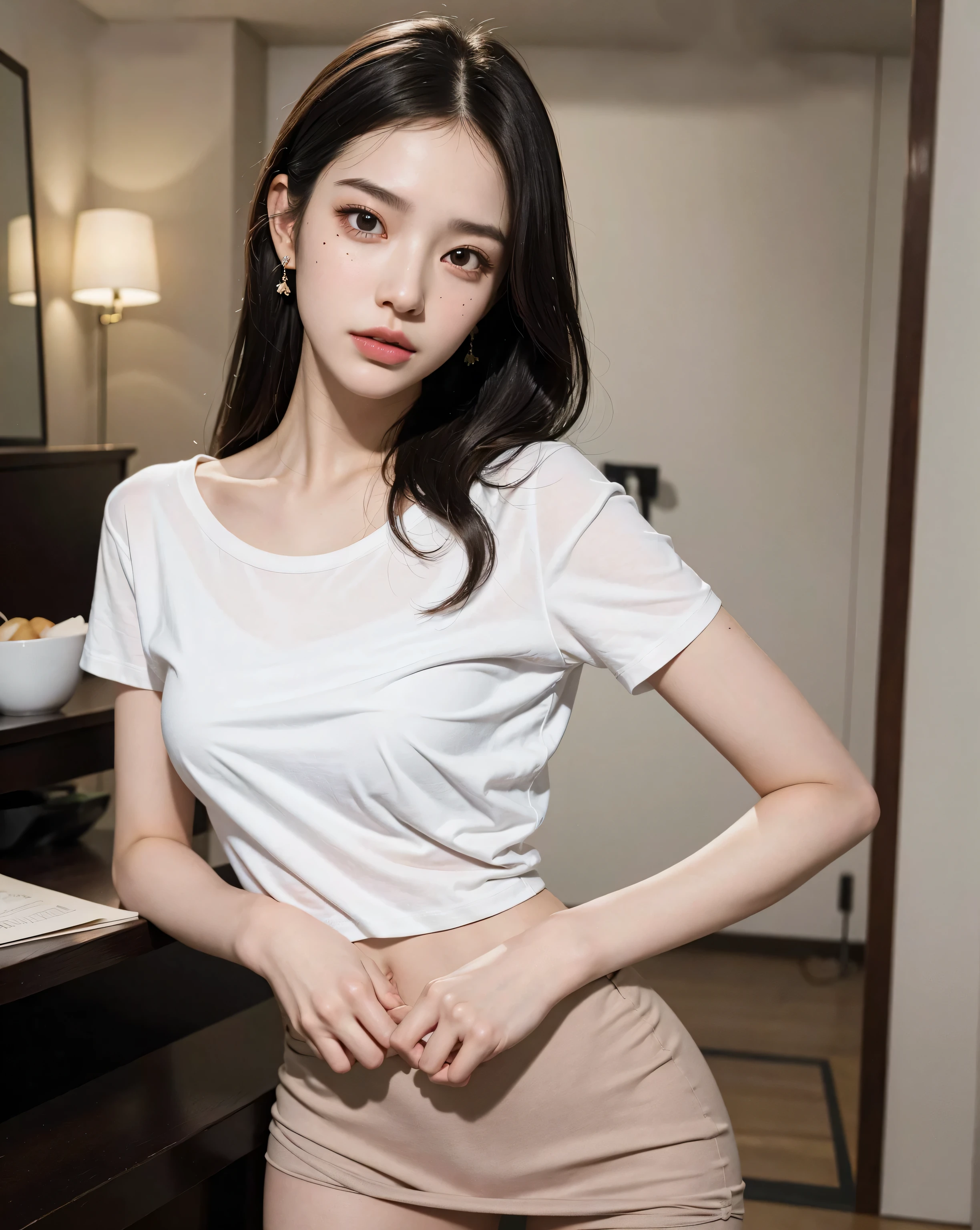 absurdres, RAW photo, extremely delicate and beautiful, masterpiece, Best Quality, ultra high resolution, 32k, hyperrealistic, ultra-detailed, perfect anatomy, super Detailed skin, perfect figure, Super Beauty, Perfect Style, Perfect balance, Beautiful Lighting, Perfect Lightning, Realistic Shadows, 20 years old, very Slim body, narrow waist, very small head, very small face, delicate facial features, handsome detailed woman, very detailed eyes and face, realistic face proportions, Realistic beautiful face, Realistic beautiful eyes, tearful mole, earring, very huge round breasts, legs, medium hair, whole body shot, indoor, tight skirt, cropped T-shirt,
