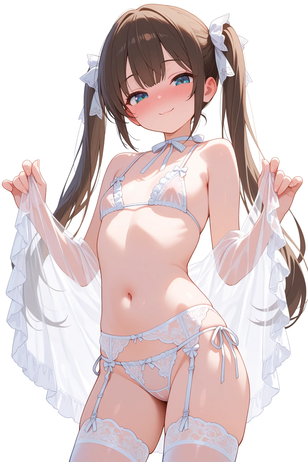 ((32k)), ((best quality)), ((ultra high res)), ((HDR)), ((UHD)), ((extremely detailed CG)), ((unity 32k wallpaper)), closed mouth, standing, purple eyes, swimsuit, bikini, thighs, cowboy shot, frills, indoors, hand up, stomach, white thighhighs, hand on hip, wrist cuffs, maid, maid headdress, bare arms, skindentation, detached collar, side-tie bikini bottom, white bikini, single thighhigh, string bikini, frilled bikini, bridal garter, maid bikini, smile,