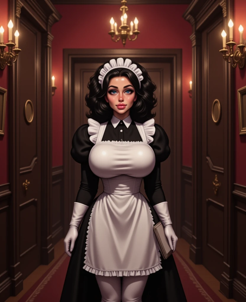 1 woman in black costume with white maid accessories, immensely large breasts, very tight clothing on the body, looking at the viewer, maid hat, a 90 year old man behind holding her, she has short black hair, blue eyes, makeup, tongue out, they are in a bathroom opposite the shower., anime, 16k, best quality, highres, award winning, high details, UHD, masterpiece, anatomically correct, ccurate