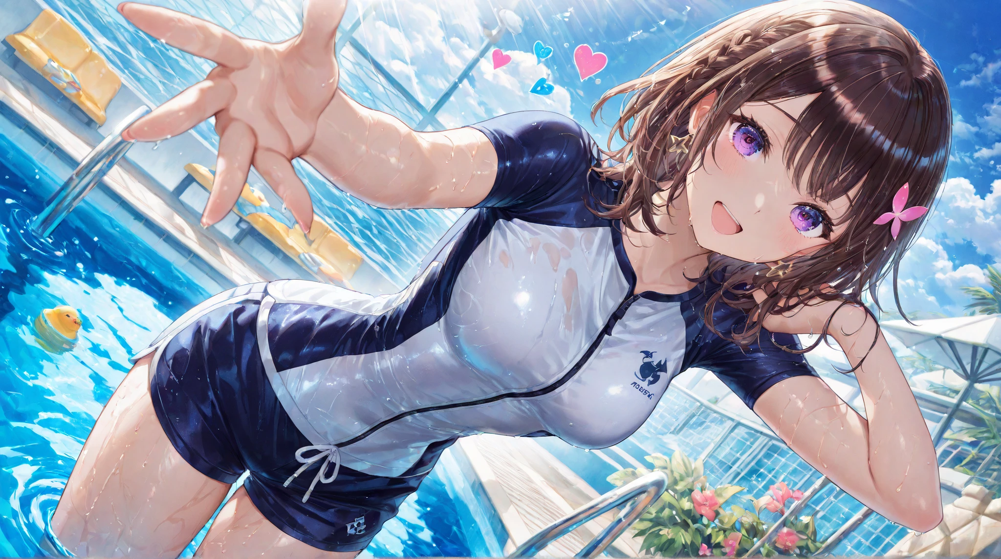 ((Lying on a rubber boat floating on the sea)), ((rash guard)), ((swimsuit sides see-through)), ((The swimsuit is a vivid color)), ((Mesh mini skirt)), holographic fabric, skindentation, skinny, solo, 1 woman, Masterpiece, highest quality, highest quality, 16K, incredibly absurd, highly detailed, 2.5D, ai-generated, delicate and dynamic, very delicate facial expressions, delicate eye depiction, erotic, only sexy woman, ((A cute and kind face)), healthy figure, 25-year-old woman, bride, 160cm tall, medium firm swaying bust, (dark hair), black eye, blush, Sweat,Embarrassed,sexy, ((thin thighs)), (Erect nipples:0.9), (visible nipples:0.7), ((shiny and lustrous)), facing straight at viewer, ((brown black skin)), ((Oily_skin)), sweaty skin, wet skin, (suntan), dutch angle, ((sexy pose)), Dynamic poses, ((Summer Sea)), Strong sunlight, ((sexy pose)),, ((Lying)), ((On the open sea)), Knee Up,