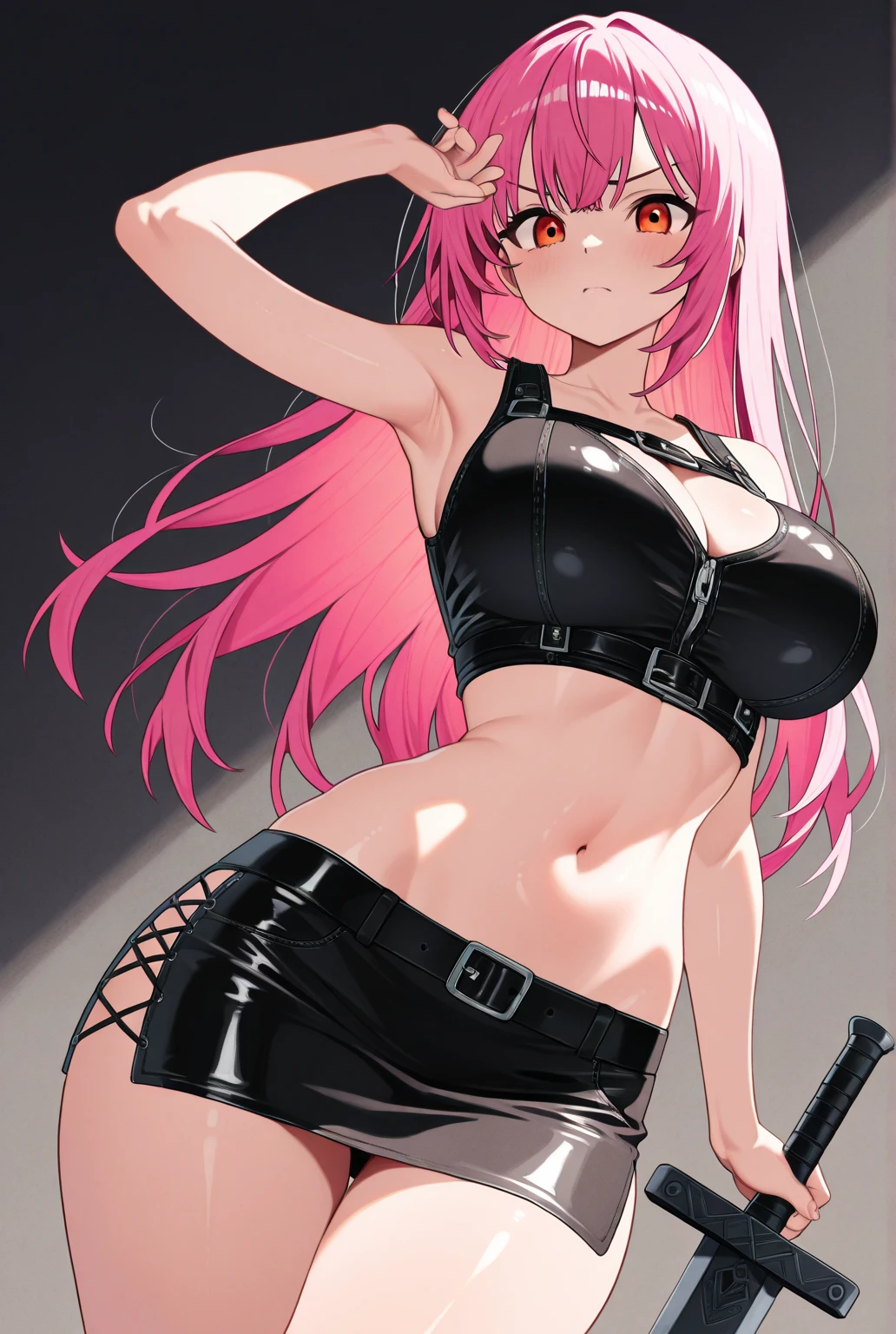 handsome WOMAN，blue-eyes，blue pupils，Long pink hair，Hyperresolution，accuracy，Detailed rendering，（Subtle facial image）（Image of fine hair）（topquality）（Masterpieces of masters）（High degree of completeness）（A sense of atmosphere）tmasterpiece，Super detailed and super detailed（half-body portrait), long wavy pink hair, (((tHICK WAVY HAIR)))(((ANKLE LENGTH HAIR)))(((Blushing)))(((Huge breasts)))(((LARGER BREASTS))) large breasts, bigger breasts (((Bigger breasts))) (((Blushing))) (((Sakimichan))) (((Pink hair))) (((black Rockstar outfit))) (((Leather black outfit))) (((Rockstar)))(((Fishnet tights)))(((cASUAL ROCK OUTFIT))) (((gRUNGE OUTFIT))) (((rOCK MAKEUP))) (((sINGING))) (((bLACK LEATHER OUTFIT))) (((bLACK EYELINER)))
