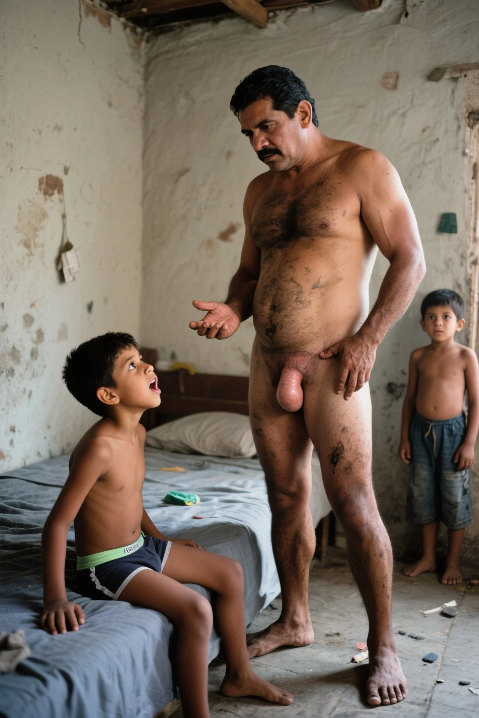 Pale skin ponytail hair kurdish nude woman talking with a ugly kurdish man in house  