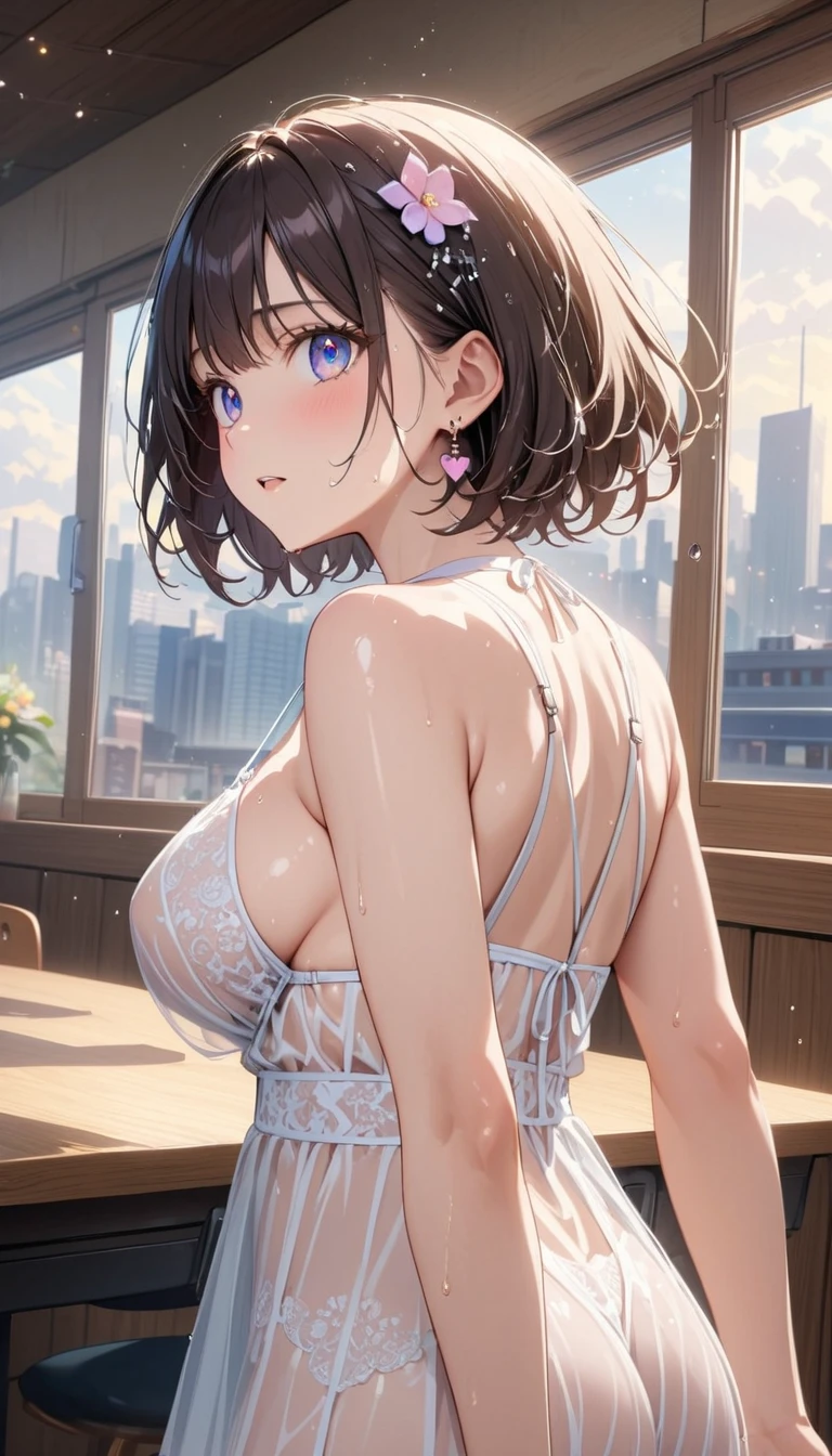 ((ultra-quality)), (A woman waiting at a traffic light in heavy rain), (sheer hip), (white low rise pantie:1.2), (hands are down:1.5), (in 8K), (arms behind back:1.5), (Angle from side:1.6), (side boob), (side back view:1.5), (profile), ultla highres, Hyper Detailed, High contrast, Ultrafine Strike, creative refinement, absurdres, Realistic, extremely detailed CG unified 8k wallpaper, Highly detailed, High-definition raw color photos, professional photograpy, Realistic portrait, Cinematic Light, Beautiful detailed, 20 years old woman, (realistic skin:1.3), (shiny skin), (Best Quality:1.4), Super Detail, High quality, ​master piece, lifelike, Perfect face, Silly, (side hip), (closed mouth:1.3), (Sharp Focus), (upper body), (close up), Delicate Beautiful Hair and Eye and Face, Delicate eye, radiant eye, Lifelike, Hyper-detailing, (colossal breast:1.8), (large breast:1.8), (Beautiful breast:1.5), (boob is covered with bra:1.1), (Sheer nipple), (smooth flanks), (arms behind back), Beautiful cute woman, camel-toe details, SFW, slim body, pale black eyes, brunette short bob hair, ponytail, on a deserted street
