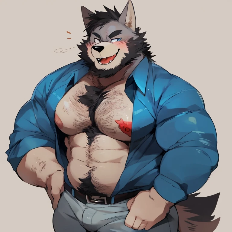 4k, high resolution, best quality, masterpiece, perfect shadows, front view, furry, solo, fat, beard, long white hair, wolf, male, masculine, belly, chubby, wearing shirt(shirtless, shirt, open shirt, handsome), wearing pants, belly, nipples, sweat, sweating, looking at viewer, shy, blushing smiling, happy, hands on hips((correct anatomy)), huge scars on body, white background