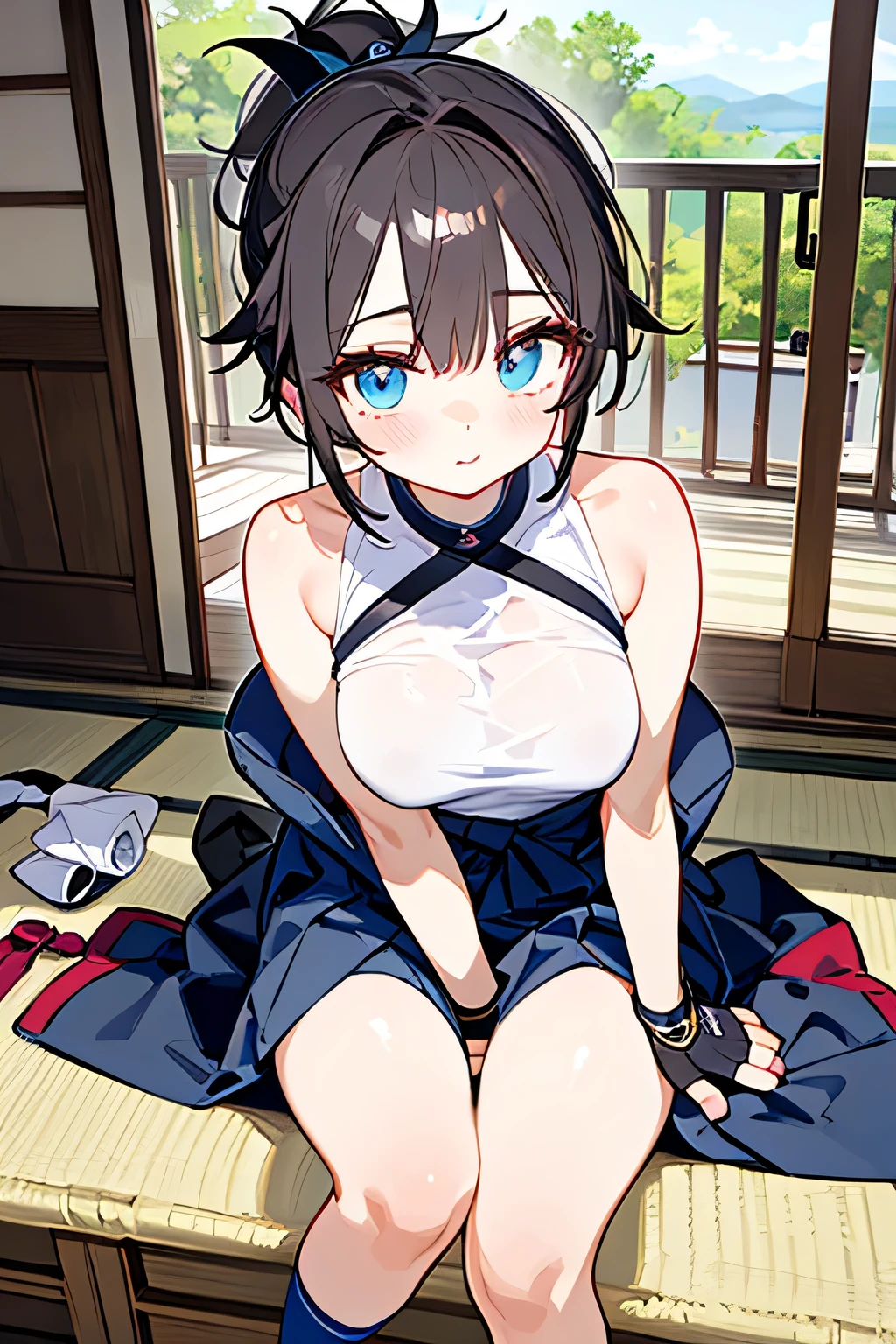 (masterpiece), (highest quality), ((Super detailed))、(super delicate)、Cute naughty Assassin girl、Pastel colors hair、medium breasts、(Thighs, fishnet pantyhose, ninja costume)、Gorgeous、short hair, (dark blue hair), (naked:1.3), (forehead, bangs pinned back, asymmetrical bangs, side ponytail:1,2), standard height, (Serious, Large eyes, yuruyuri), nfsw, sweat, (cum in vaginal:1.3), vaginal sex