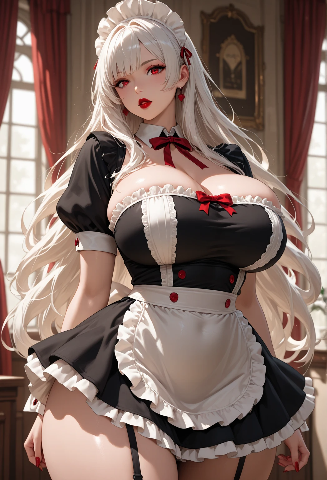 Female wolf, wears short maid clothes showing her panties, has long fluffy blonde hair, has red eyes, has large breasts, He has wolf ears and a wolf tail.