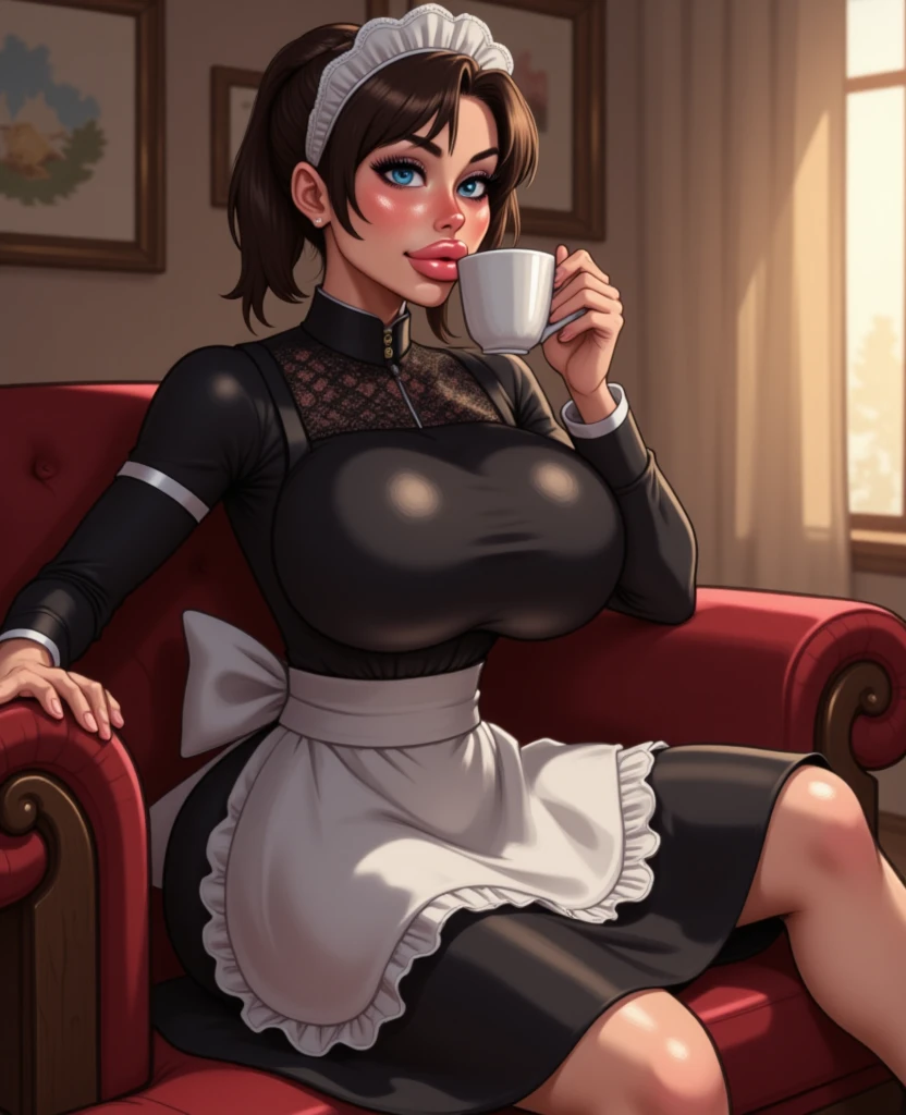 slim latina, burgundy hair, ((high ponytail)), medium wavy pony, blunt bangs, light skin, brown eyes, pouting lips, red lipstick (bimbo lips), wearing glasses, slim waist, big breasts, slutty secretary attire, wearing white blouse and stockings, (puffy sleeves), red ribbon, black leather skirt, wide hips, bent over, inside a mansion, (flirty pose) ambient lighting, cowboy shot ((masterpiece, ultra high res))