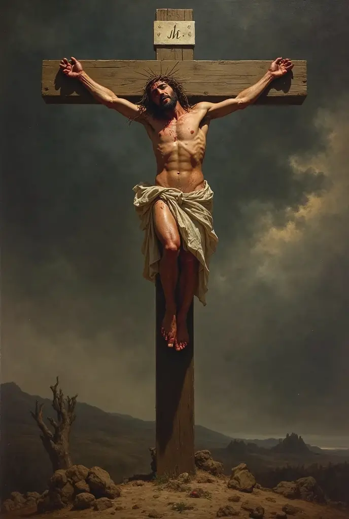 Portrait photography style, A masterpiece of the world, Ultra-unique, highly professional digital art, film frame, Super realistic, Color motion picture film photography with ultra-fine detail and quality, Photo (((whole-length:1.5))), Jesus Christ was crucified, Style Peter-Paul Rubens, Supernatural skin texture, Ultra-detailed facial features, Overhead halo, (Background - Storm Clouds, Bright lightning), Professional soft cinematic lighting, Global illumination, Soft shadows, Ray tracing, Large depth of field, clean sharp focus , 12k uhd, Digital SLR, film frame, filmgrain, 85mm, f/1.4, ISO 64, F16, 45 seconds.