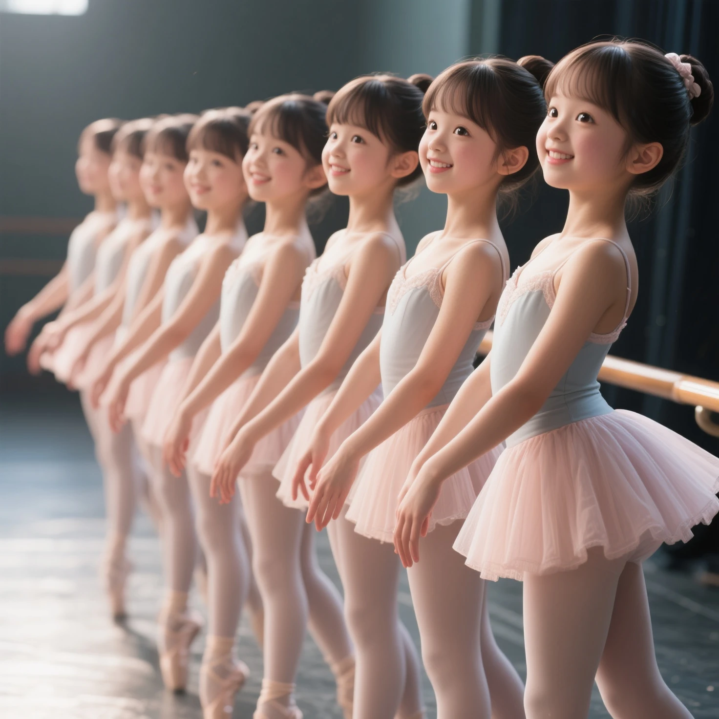 SFW, ExtremelyDetailed (((Ballet Kids group in a row:1.4))), Childish perfect face, Reflective Eyes, Detailed(Delicate Clothing textures), Corrected Leg to Foot Line, Corrected Perfect Hand, Dynamic Joyful Expressions LifeLike Rendering, ((Specular Reflection:1.28)), mirrors, TopQuality 8K Ultra-detailed masterpiece (ProfessionalPhoto:1.37)(Acutance:0.8),(Luminism),