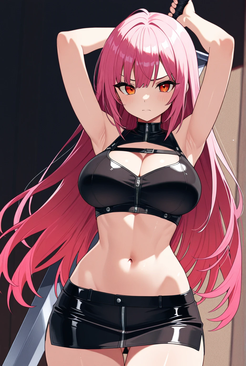 Extremely sexy girl with ahegao face with long pink hair, wearing a black top with a sweetheart cutout in the middle. She wears a black pleated skirt with white stripes and black stockings.. photo after sex, Covered in 
