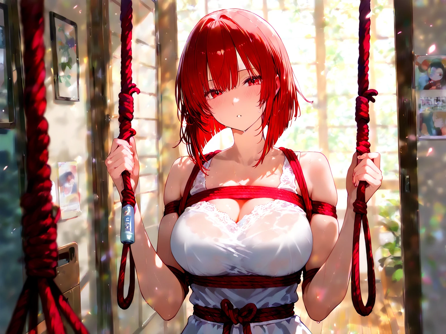 a beautiful young woman, nude, restrained in shibari bondage, with saliva trails, sweat, and dripping cum, pinched nipples, breasts leaking milk, using sex toys, in a BDSM scene,bukkake,facial,climax,red hair,ponytail