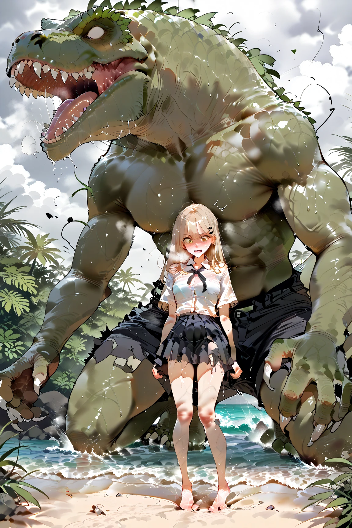 ((Highest quality)), ((masterpiece)), (detailed), （Perfect Face）、The woman is a predator named Tiare, with green eyes, blonde medium-long hair, and a predator suit. She is a complete female predator, happily embracing her fellow male predator in the forest.、the woman is pregnant