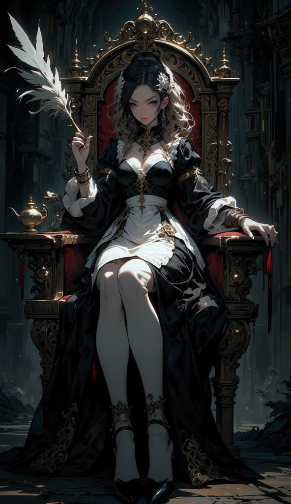 ((best quality)), ((masterpiece)), (detailed), an empty vacant throne, grand in scale and intricacy, blurring the lines between throne and shrine, Bloodborne inspired, occult aesthetic, occult, detailed and intricate steampunk and detailed gothic, NSFW, Very dramatic and cinematic lighting, cosmic horror, grim-dark, side-lighting, perfect face, a beaituful goddess valkyrie enshrined in armour, Bloodborne inspired valkyrie, occult aesthetic valkyrie, occult valkyrie, detailed and intricate steampunk and detailed gothic valkyrie, Fluttering lace flared long knee length dress with frilly petticoats, long dress, knee length dress, pleated petticoats, lolita dress, petticoats gothic lolita, side-lighting, NSFW, gothic lolita, beautiful small breasts, full body, whole body, body