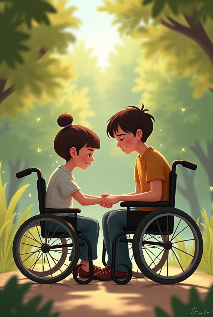 2 boy in a wheelchair meets his girlfriend who had gone to the United States with a kiss that makes the girl look blonde