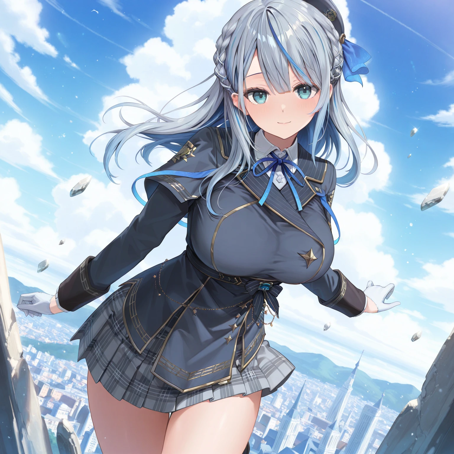 beautiful, masterpiece, Highest quality, anime, One girl, C Cup,Portrait Shot, View your viewers, Covered、Short Hair、nearby、Blue Eyes、art、、White hair,Blue streaked hair、wallpaper、hairpin、Cute smile、Thighs、navel、Black and White_Open race queen、Blue-black_Gloves、Blue-black_Knee-high boots、、Cute、Blue-black_Short skirt、circuit、blue sky、Blue-black_mini skirt、Blue-black_Very short skirt