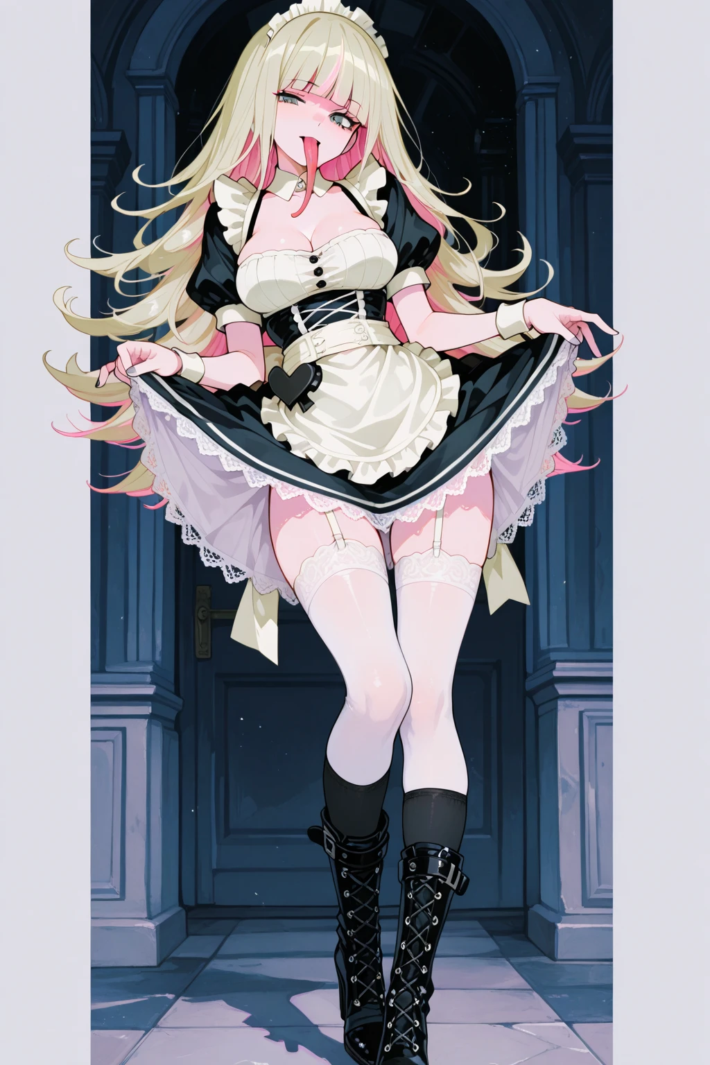 ((masterpiece, best quality)), Delicate face，Maid，White Tiger，whole body，Long legs，Large Breasts，Gradient long wavy hair，Perfect body proportions，beautiful eyes，Extremely beautiful，transparent， Pure white background，Erotic_lingerie，Nude，Lace，Garter stockings