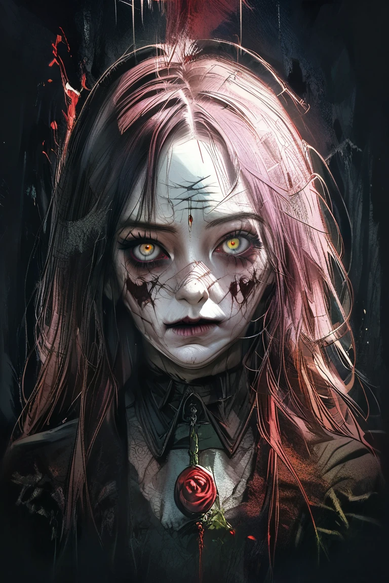 creepy girl, (pink school uniform:1.4), spooky woods, lost in dark wood, (at night:1.2), monsters, glowing eyes, (flawless skin:1.2), DarkWoodsStyle