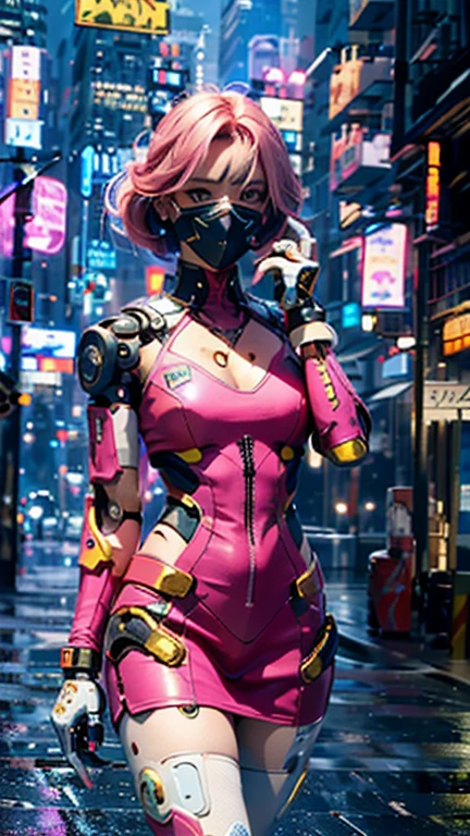 beste-Qualit、​masterpiece、Super-High Resolution、(photorealisitc:1.4)、Raw photo、女の子1人、pink hair、glowy skin、Sexy Cyberpunk Girl、((Ultra Realistic Detail))、portait、Global Illumination、Shadow、octan render、in 8K、ultrasharp、hugetits、 big boobs、((perfect chest:1.4))、((Very soft breasts))、hyperdetailed face、Raw skin is exposed in cleavage、Details of complex ornaments、Gothloli details、Glass Parts、Glass Tube、Glass cover、Fiberglass、Luminous tube、Nixie Kan、vacuum tubes、Analog Meter、highly intricate detail、Realistic light、CGSoation Trends、blue-eyed、radiant eyes、Facing the camera、neon details、Mechanical limbs、blood vessels connected to tubes、Mechanical vertebrae attached to the back、mechanical cervical attaching to neck、 walking、Wires and cables connecting to the head、Small LED lamp、Cyberpunk city、