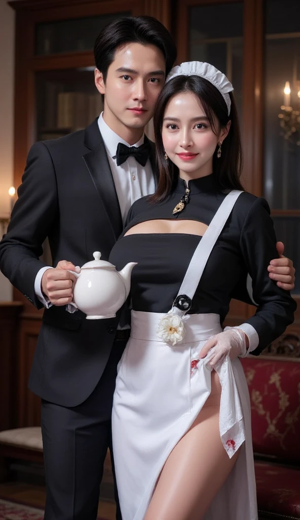 "In an exclusive lounge, dimly lit with soft jazz playing, a man name Masaki Tanaka, age 58, a well-respected business tycoon, in a tête-à-tête with a beautiful hostess, age 22, plush velvet upholstery and mahogany setting, in a photorealistic image, cinematic style, Masaki in a perfectly tailored suit, relaxed yet commanding posture, arm around the hostess's slender waist, sharp eyes reflecting golden light, sharing a private joke, hostess in a figure-hugging dress, leaning into Masaki, atmosphere electrifying with charisma, clink of glasses, shared laughter, mutual attraction, intimate yet public setting, 50mm lens, warm and intimate lighting, high resolution 8K, capturing the essence of sophisticated flirtation and elite lifestyle (cinematic style:1.4), (sophisticated flirtation:1.3), (elite lifestyle:1.2)"