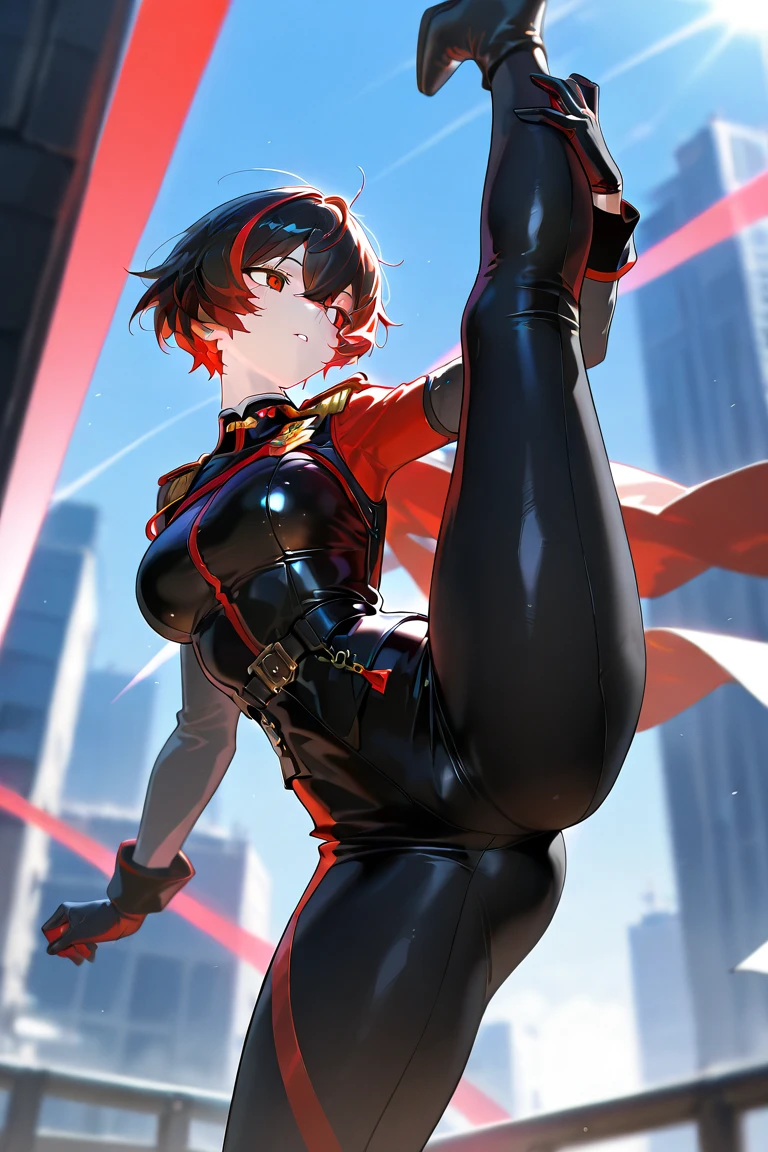 (flat chest), (masterpiece:1.2), highest quality, High resolution, unity 8k wallpaper, (fine and beautiful eyes:1.6), highly detailed face, perfect lighting, Detailed CG, (perfect hands, perfect ???????:1.3), (1 japanese female:1.4), 20 years old,( black hair:1.3), extremely beautiful detailfeminine face and eyes, (grin smile), detailed eyes, best quality,( dark skin:1.8), extremely detailed, very precise detailed,(glasses:1.3), (blunt bangs:1.3), open mouth, (very short pixie cut:1.2), (geta:1.2),(fingerless gloves:1.5), half closed eyes,long sidelocks,(long red Scarf:1.3),(sleeveless yukata), (fight stance),(high kick),(bike_shorts:1.4),