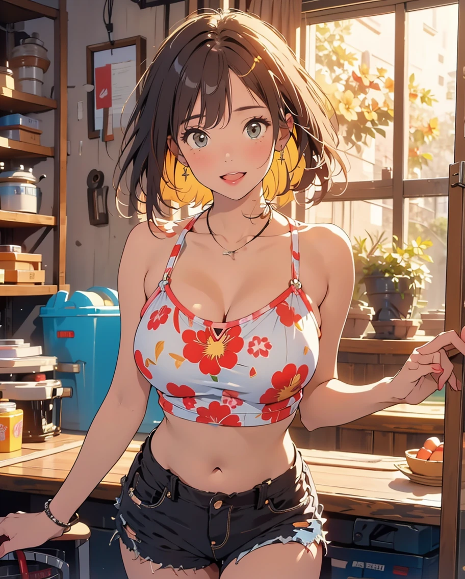 (((Highest quality)), ((masterpiece)), (detailed), One person, sexy、アイドルの可愛さのmasterpiece!A 30-year-old housewife、She is standing in the kitchen wearing headphones and an apron and cooking.。Dynamic lighting frames her round face.、Accentuates narrow eyes and perfect facial features。Adult Shortcuts、The camera zooms in on her plump cheeks and large breasts.、Accentuate ample cleavage。A very short apron hugged her thighs.、The prone angle captures her best smile、Showing off realistic body and fine details。The subject is kneeling loosely with both arms wrapped around his chest.、Naturally attractive even without makeup、It's an elaborate and professional piece of work.。BBW、Japanese Girls、Real Photography、Full of sex appeal、accumulation of water in the chest