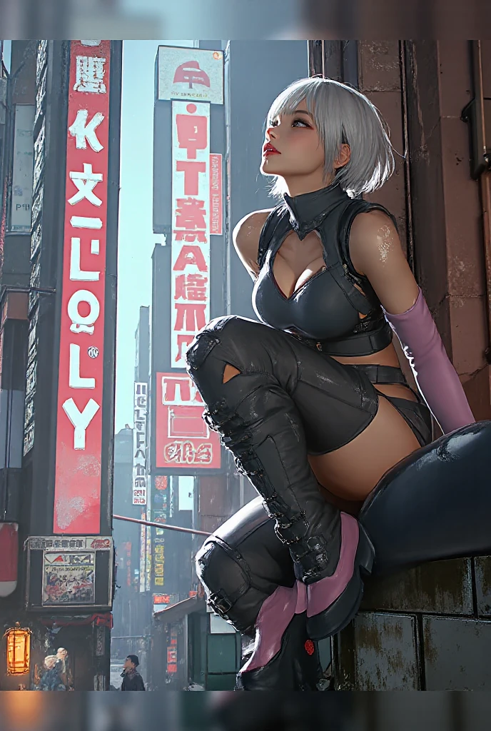 Cyberpunk Edgerunners, 1girl, Lucy \(cyberpunk\), blue eyes, cyber eyes,, pale skin, petite figure, (huge chest, wild girl, small head)), daylight, sunlight, (perfect body: 1,5), (young), (short wavy hair: 1,2), white hair, ((hair with bangs)), collar, full length, crowded street, wearing a tight cropped ((black latex sports bra), ((black latex panties) ),black latex panties, (extremely detailed CG 8k wallpaper), (an extremely delicate and beautiful), (masterpiece), (best quality: 1.0), (ultra high resolution: 1.0), gorgeous lighting, perfect flashes , realistic shadows, [high res], detailed skin, extremely detailed, pale skin, camel toe, barefoot, home on white coach,