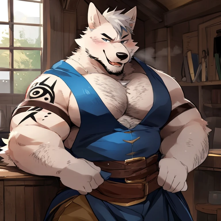 Aix:detailed sword,Detailed hands,Detailed hands指,Strong chubby furry male white wolf bear swordsman,Detailed RPG background,white hair,Black beard,huge strong arms,Huge and strong chest muscles,huge strong belly,pray emoticon，Pitiful，Kneeling on both knees,super detailed,intricate details,Sunlight，House background
