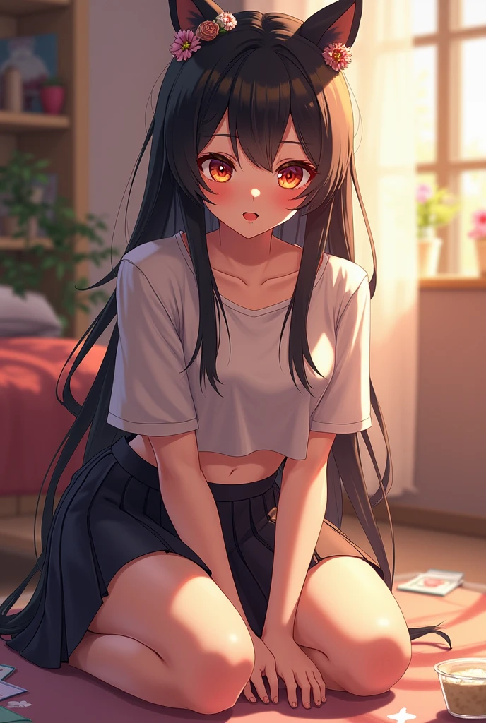 A 16 year old girl, in the anime style of Tu love ru. 

Her Appearance: she has long dark hair with bangs,Serene and seductive eyes in Shocking Pink,Light skin color and she has a mole below her left eye. 

She is wearing only a White T-Shirt Size XL, a pair of black socks and black panties. 

She is on top of a sofa in a stoic position..

The expression on her face is very mischievous..