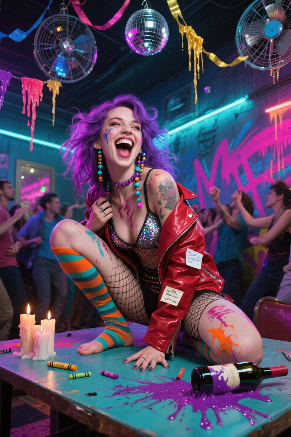 {
"prompt": "A fusion of the iconic female Joker from DC Comics with a seductive, feminine twist on Michael Jackson's style, posing confidently in a dramatic scene. She has pale white skin and wild, vibrant green hair styled in messy, chaotic curls. Her makeup is heavy and smeared, inspired by Heath Ledger’s Joker, with dark, hollow eyes surrounded by smudged black makeup and a blood-red, twisted smile that extends unevenly beyond the corners of her mouth. She wears a provocative, form-fitting black sequined jacket with a plunging neckline, reminiscent of Michael Jackson’s signature look, over a revealing purple bikini top and matching high-waisted mini skirt. Her outfit is completed with a pair of shiny black ankle boots and white gloves, adding a touch of Michael Jackson's iconic style. She stands confidently on a stage with dramatic lighting, surrounded by a mix of edgy, theatrical elements and glitzy, glamorous decor. Her pose is both alluring and commanding, with one hand striking a pose while the other adjusts her green hair. Her gaze combines a mix of madness, seduction, and charisma, creating a striking and unforgettable fusion of chaotic elegance and classic pop-star flair.",
"size": "1024x1792"
}