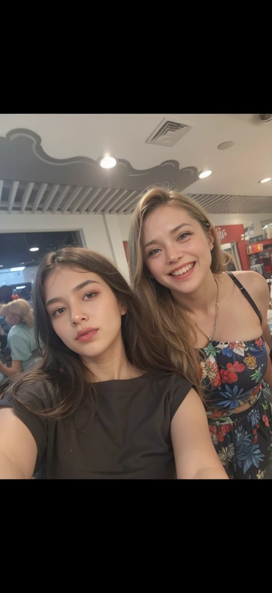 there are two girls that are posing for a picture together, two girls, sisters, very very low quality picture, alena aenami and lilia alvarado, high picture quality, frontal picture, older sister vibes, two models in the frame, annoying sister vibes, with a twin, beautiful girls, both smiling for the camera, childhood friend vibes, profile pic