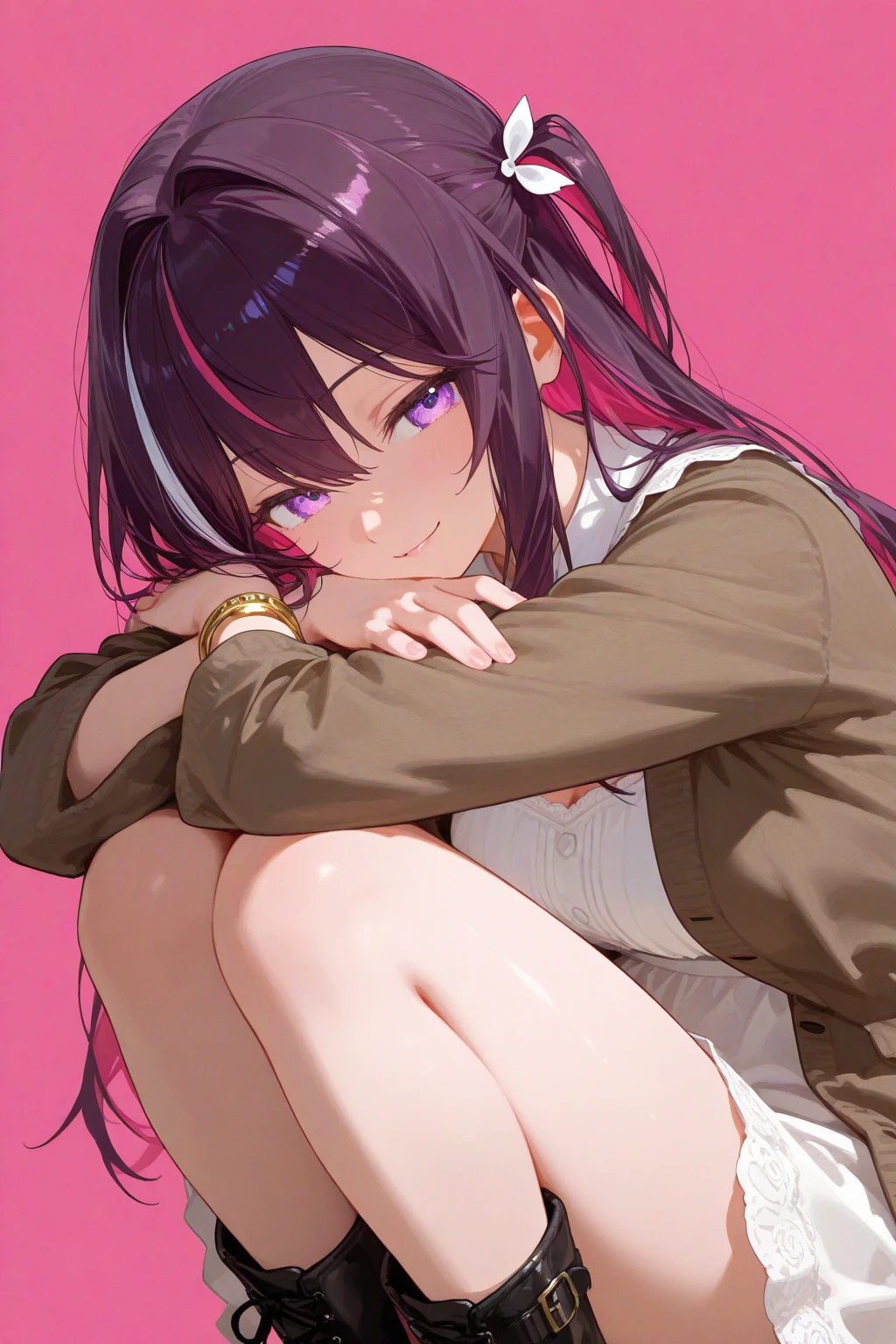 azki_(hololive), 1girl, solo, multicolored hair, pink hair, purple eyes, black hair, hair between eyes, white dress, brown dress, brown jacket, jewelry, long sleeves, x hair ornament, bangs, bracelet, long hair, streaked hair, hairclip, large breasts,,(masterpiece),(best quality),(ultra-detailed),(best illustration),(best shadow),(absurdres),(very aesthetic),looking at viewer,in hotel,in heat,horny,heavy breath,, cunnilingus gesture,open mouth,tongue out,long tongue,front view,portrait,close up,half closed eyes,