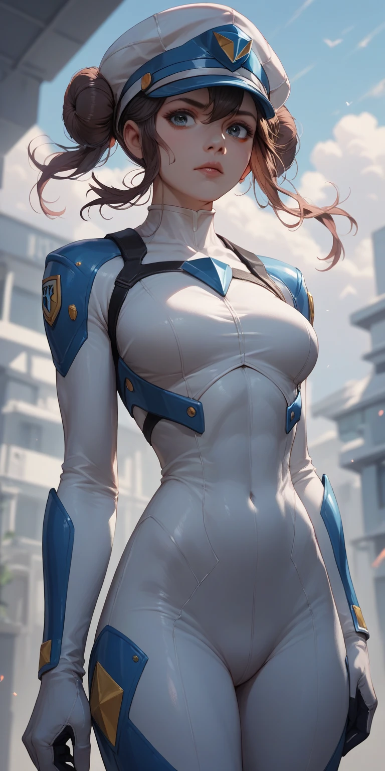a woman in a white and blue suit, muscular, gorgeous goddess, big , superhero leotard with a circular opening in the chest, epic sci - fi character art, woman, brown hair