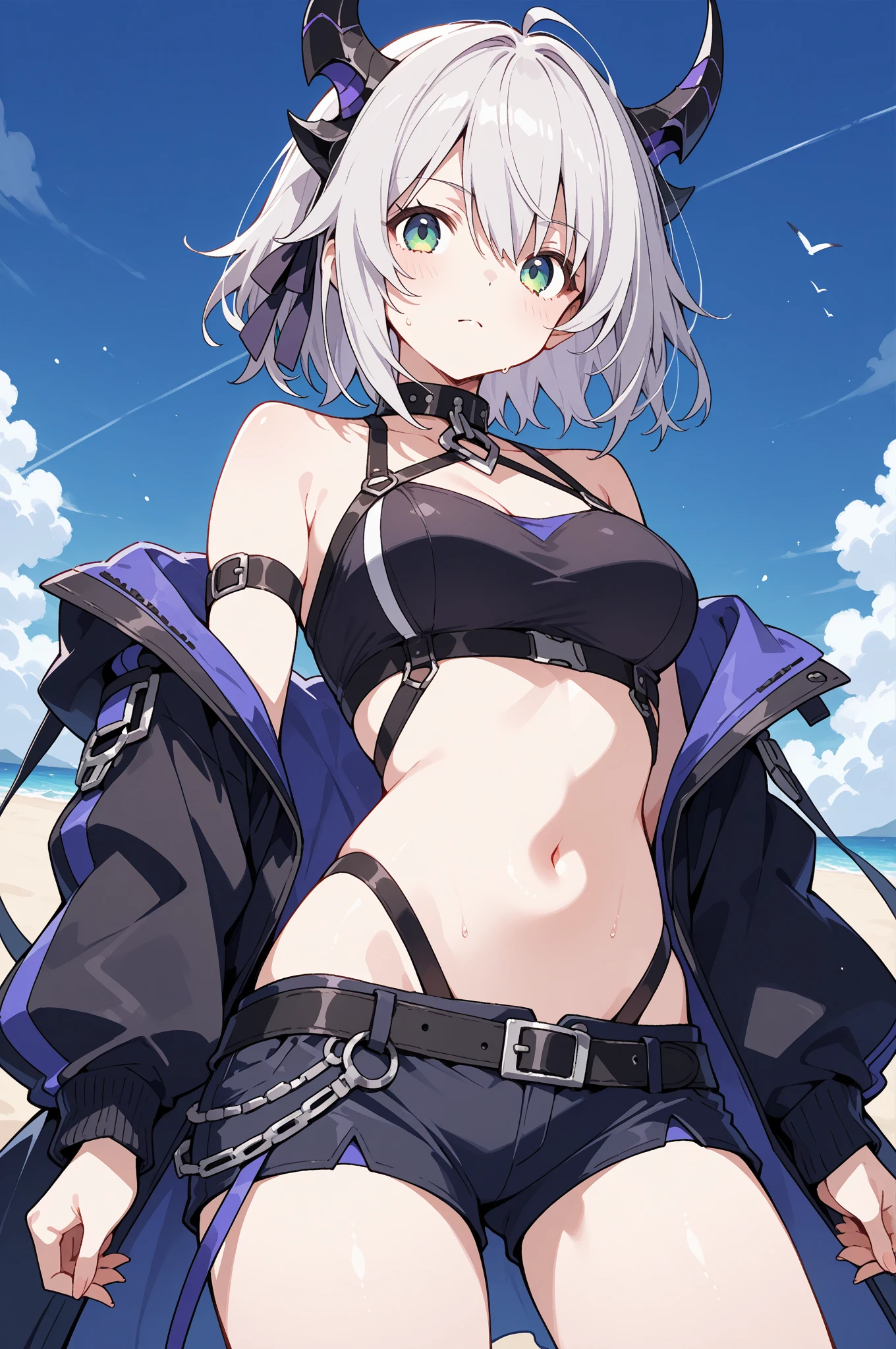 video angle, written boundary depth, (looking at the viewer), (right foreground: 1), (standing photo: 1),
(play the guitar: 1.3),
cat ears girl, (alone),silver hair,(white skin:1), (Curvaceous:1.2), (wide hips:1.1),
(Beautiful coast background), (coast background: 1.4), (coast background: 1.4),
(green clothes), (bare shoulders, white micro bikini), (T-back pants: 1.2), (Glove armor: 1.2), sharp nails, Detailed corners, choker, thigh boots,
(ponytail, hair between eyes), (silver hairの), (purple eyes), (flat chest: 1.2),
No expression, stunned, sleepy,
seaweed, seaweed, seaweed, seaweed, seaweed, seaweed, seaweed, seaweed