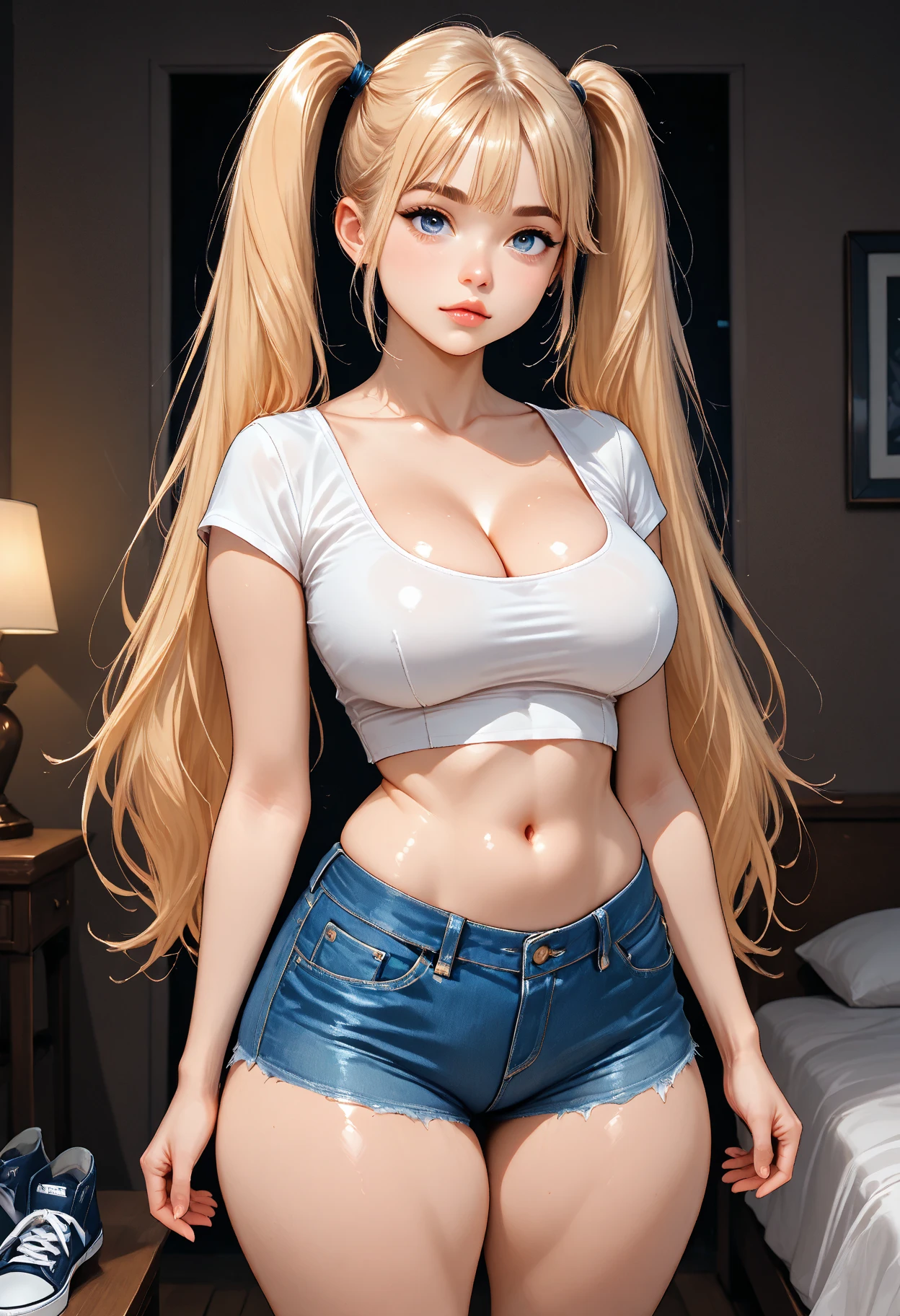 One girl, solo, round breasts, clevage, curvy body, realistic, blonde hair, light green eyes, amazing big eyes, eye details, eyebrow details, crop top, denim skirt, big lips, blush, confident, dominant, bdsm, smirk, naughty, mischevious face, HD, good quality, crop top, curvy, standing up, lounge area, looking at camera 