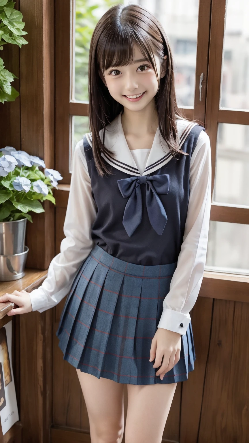 Best-quality, Masterpiece, Ultra-High-Resolution, (Photorealistic:1.4), Raw-Photo, depth of field, professional-lighting, ((from below, cowboy-shot)), 1girl, 15-years-old, the most famous Japanese idol, at school stairway, solo, wearing white panties under navy-blue pleated skirt on lower-body and white-blouse under navy-blue sweater-vest on upper-body, blush, looking back, (extremely cute face, ((extremely cute and extremely big eyes)), extremely cute hairstyle, realistic-skins), childish-body, extremely beautiful thighs, detailed navy-blue-pleated-skirt, detailed navy-blue-sweater-vest