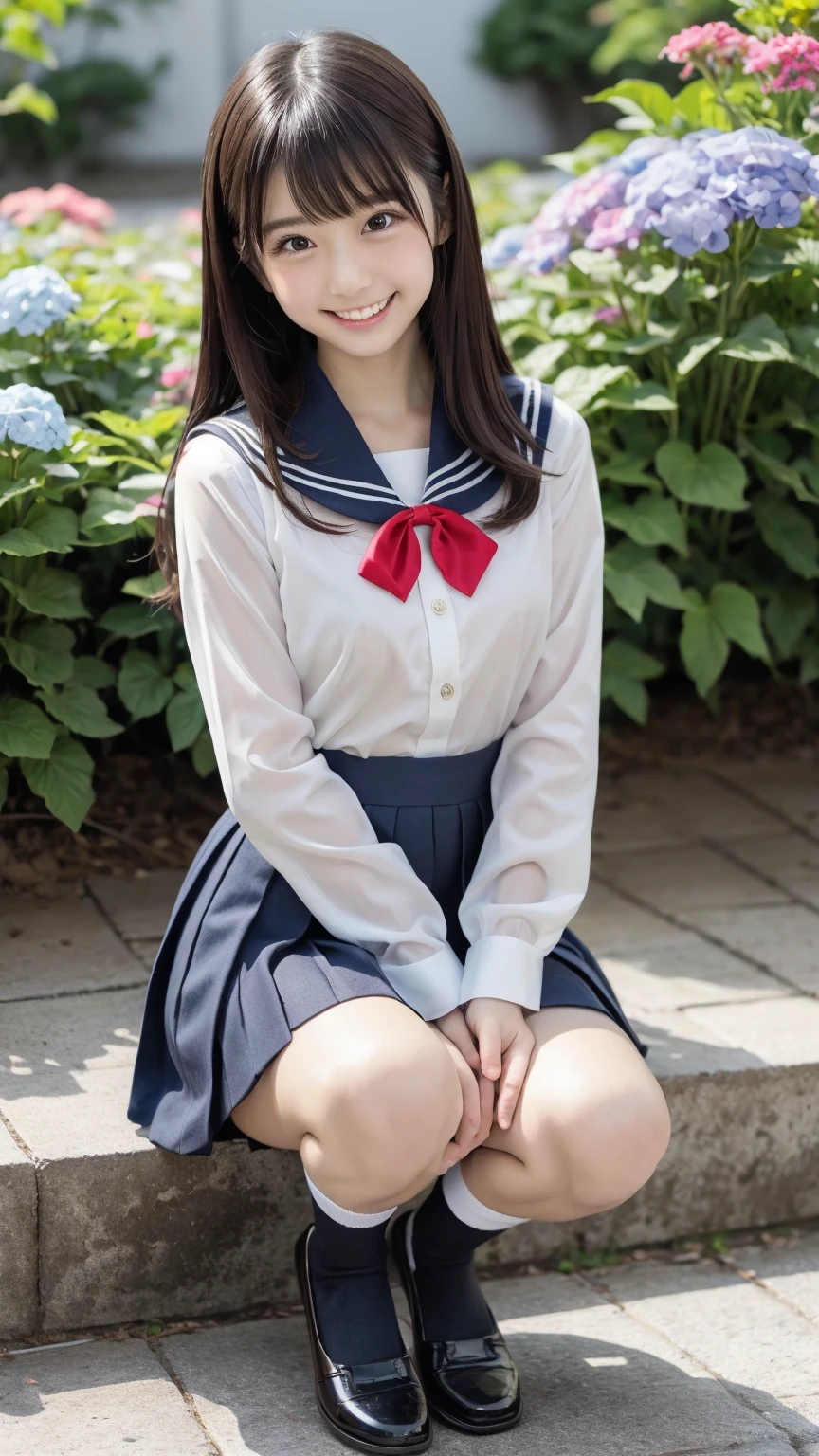 One girl, Fluffy short hair,Black Hair,smile,Inside the room, Sailor suit,Bed,Lying on your back,Innocence,Junior high school freshman,Look here,Close-up of a small valley in the chest,transparent, (masterpiece, Highest quality), Soft Light, Structure of the film, Like a movie