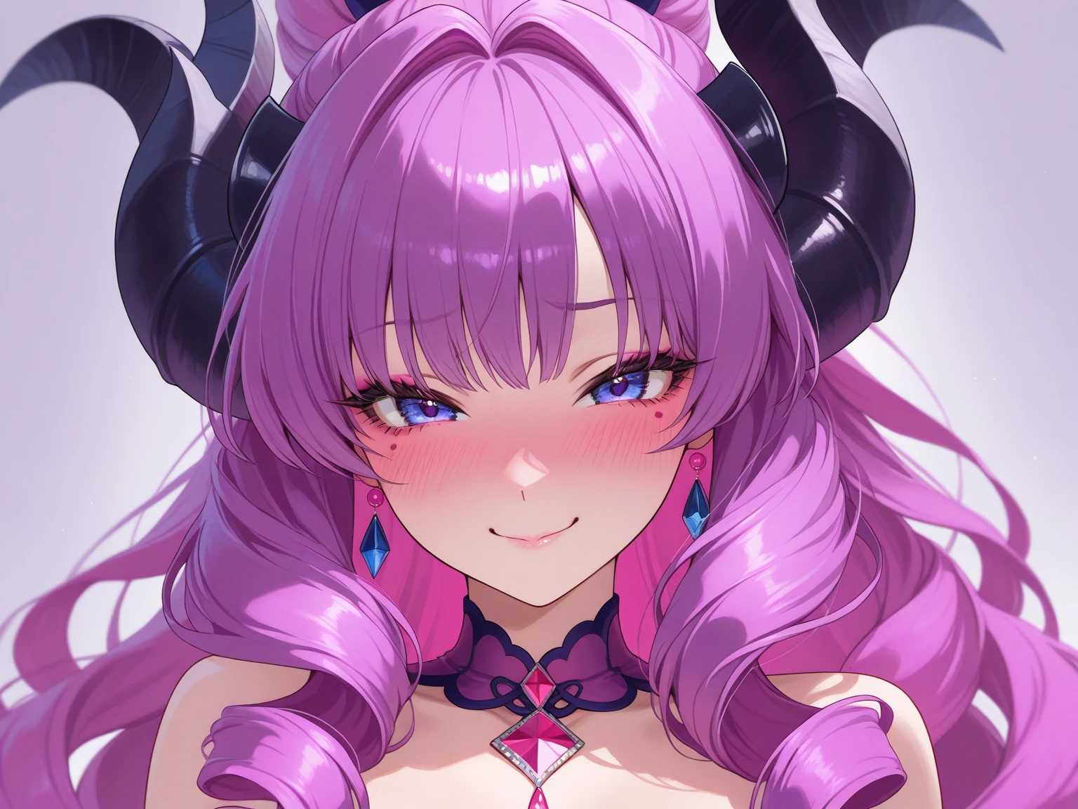 A female milf demon with black demon horn, ((demon horn)), cabelo de rapunzel cor-de-rosa extremamente longo, ((Cabelo de rapunzel cor-de-rosa)), White eyes of the demon, ((olhos brancos)), corpo volumoso com seios e busto enormes, ((seio e busto enormes)), roupa preta, Purple mist with purple energy particles and floor with red liquid, olhar perverso e vazio, sem brilho nos olhos, com um perverso, smile looking at the viewer in panoramic view;, Moda realista, sysie high definition details, fotografia, perspicacity, unique 850 4, Koda850 k portrait camera, Primavera F1.6, cores ricas, Textura super realista, textura de luz espetacular, arte surreal, Cinestil 800 mecanismo de moda