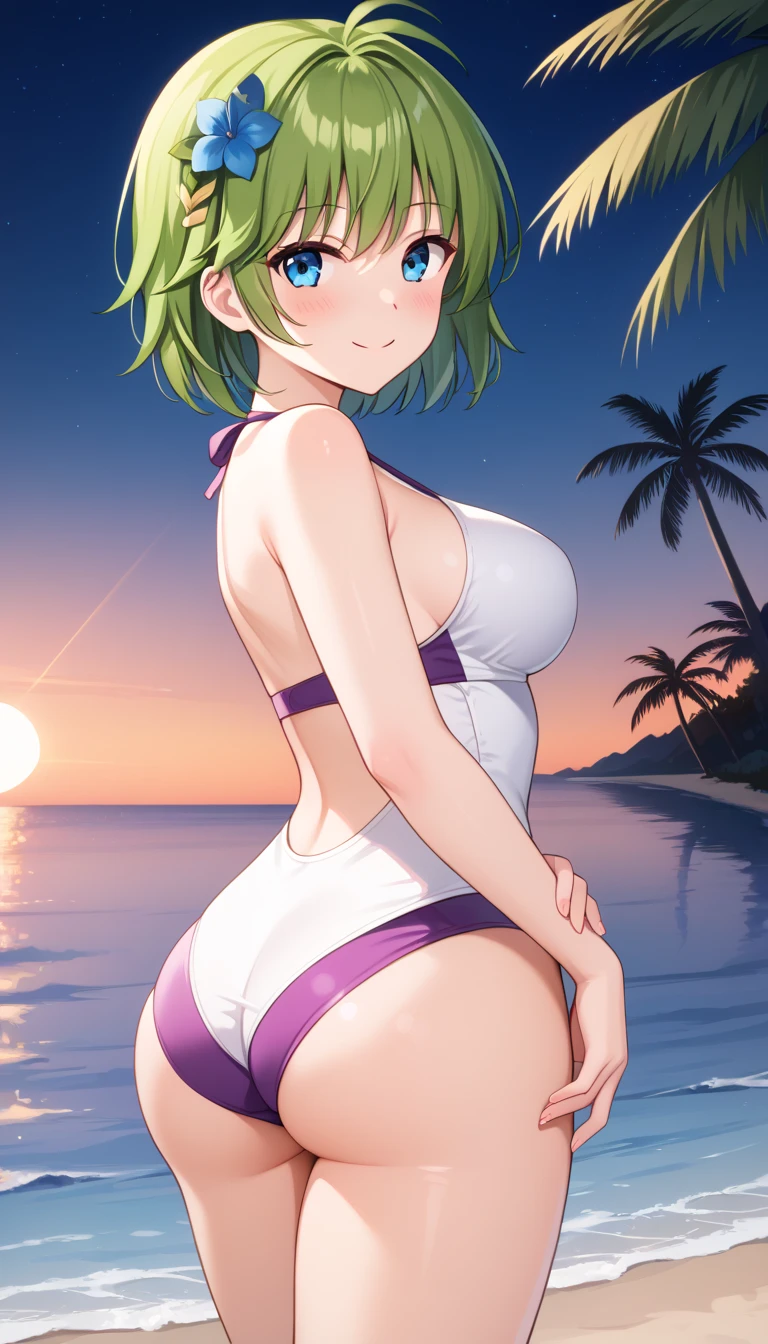(masterpiece, 4k, best quality), anime, /rosa/, 1 girl, solo, big boobs, band-aid, smile, purple hair, green bikini, dark skin, black eyebrows, purple eyes, rear view, plain background, nsfw ,